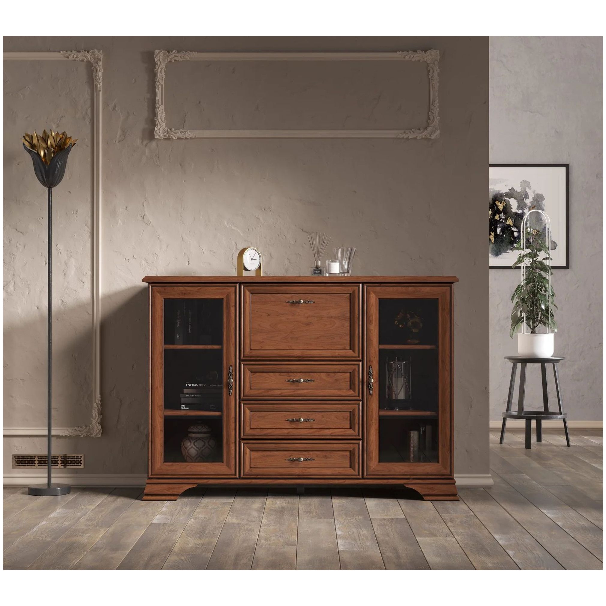 Картинка Кентаки тумба с витриной KOM2W3S1B (Каштан) интернет-магазин мебели FreeTime