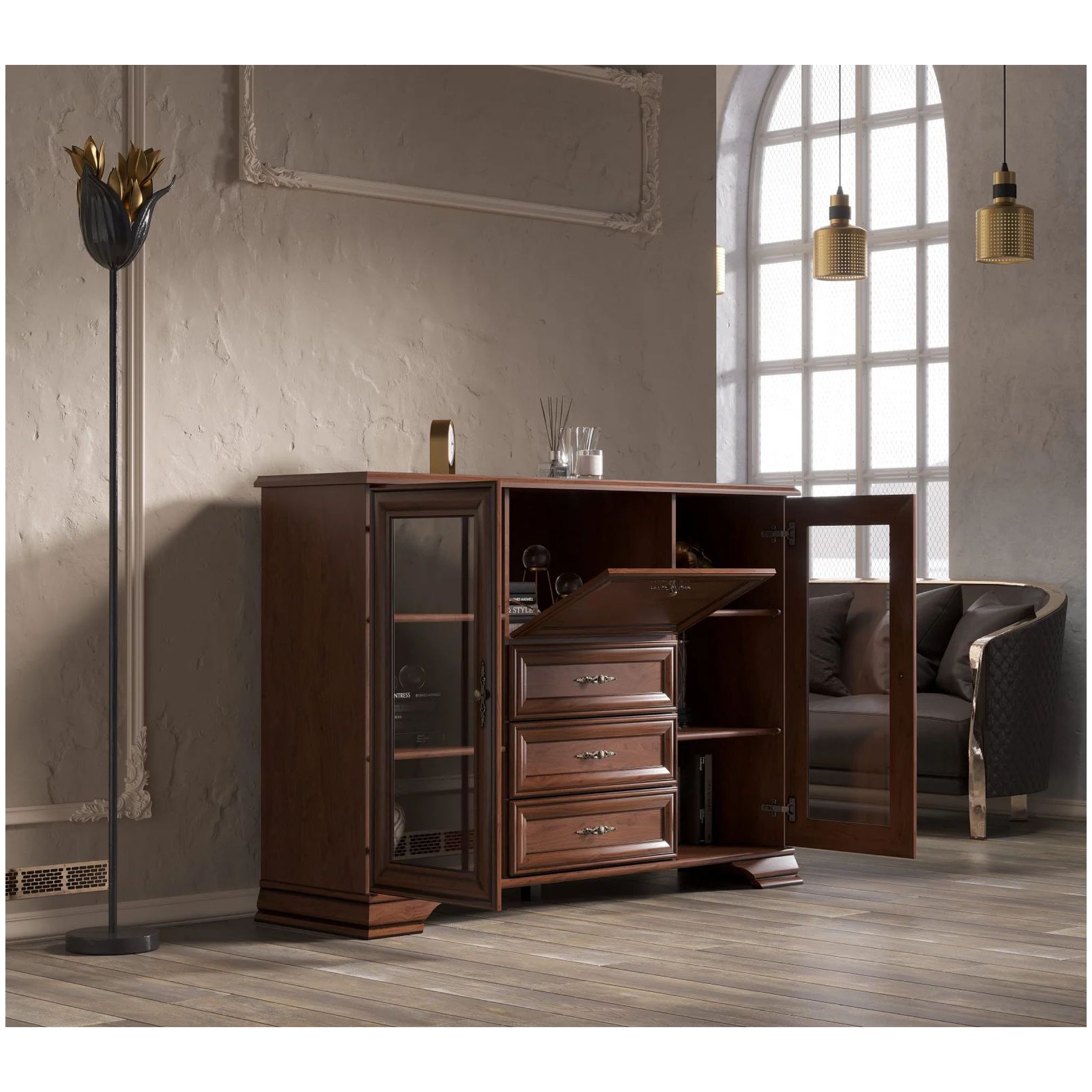 Картинка Кентаки тумба с витриной KOM2W3S1B (Каштан) интернет-магазин мебели FreeTime