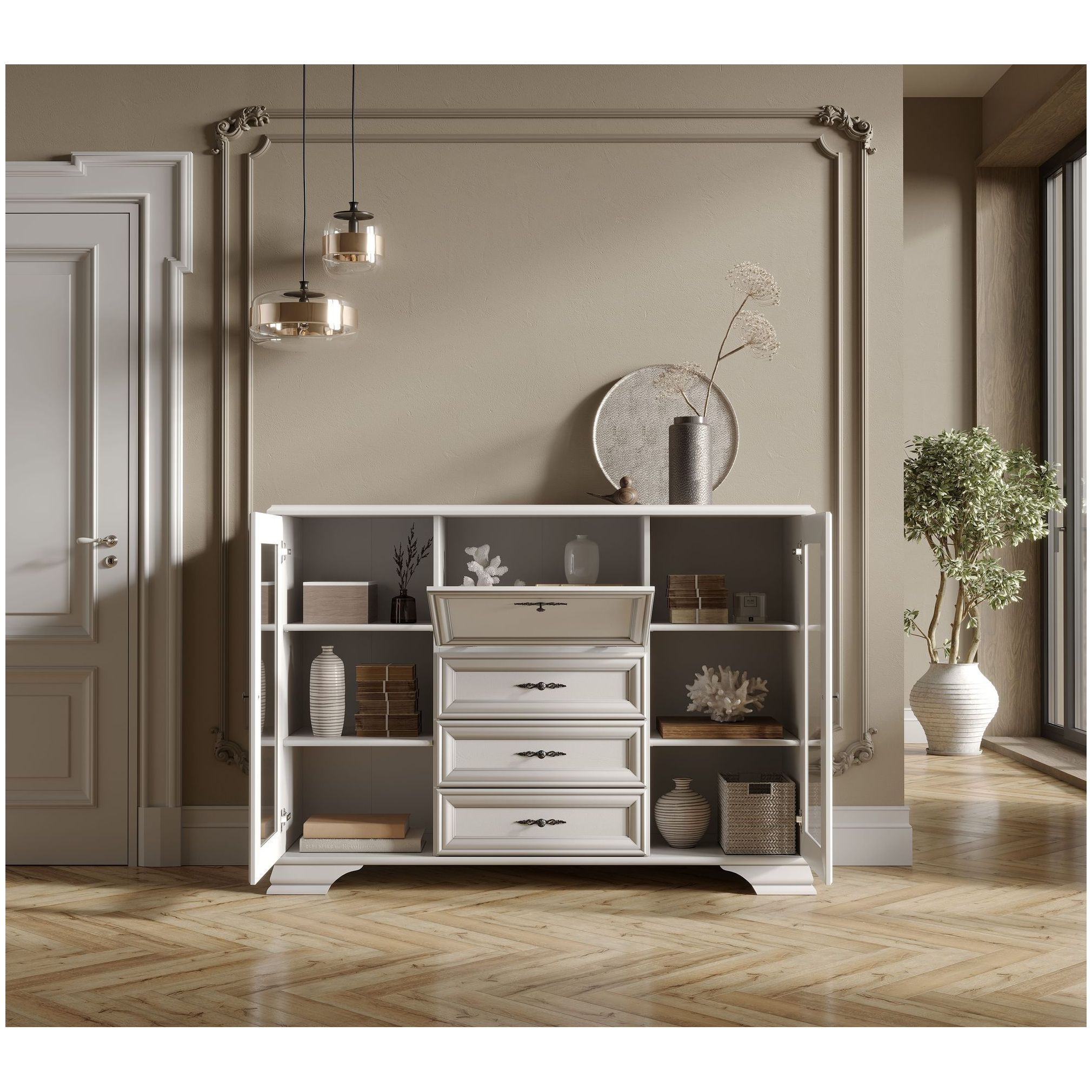 Картинка Кентаки тумба с витриной S320-KOM2W3S1B (Белый) интернет-магазин мебели FreeTime