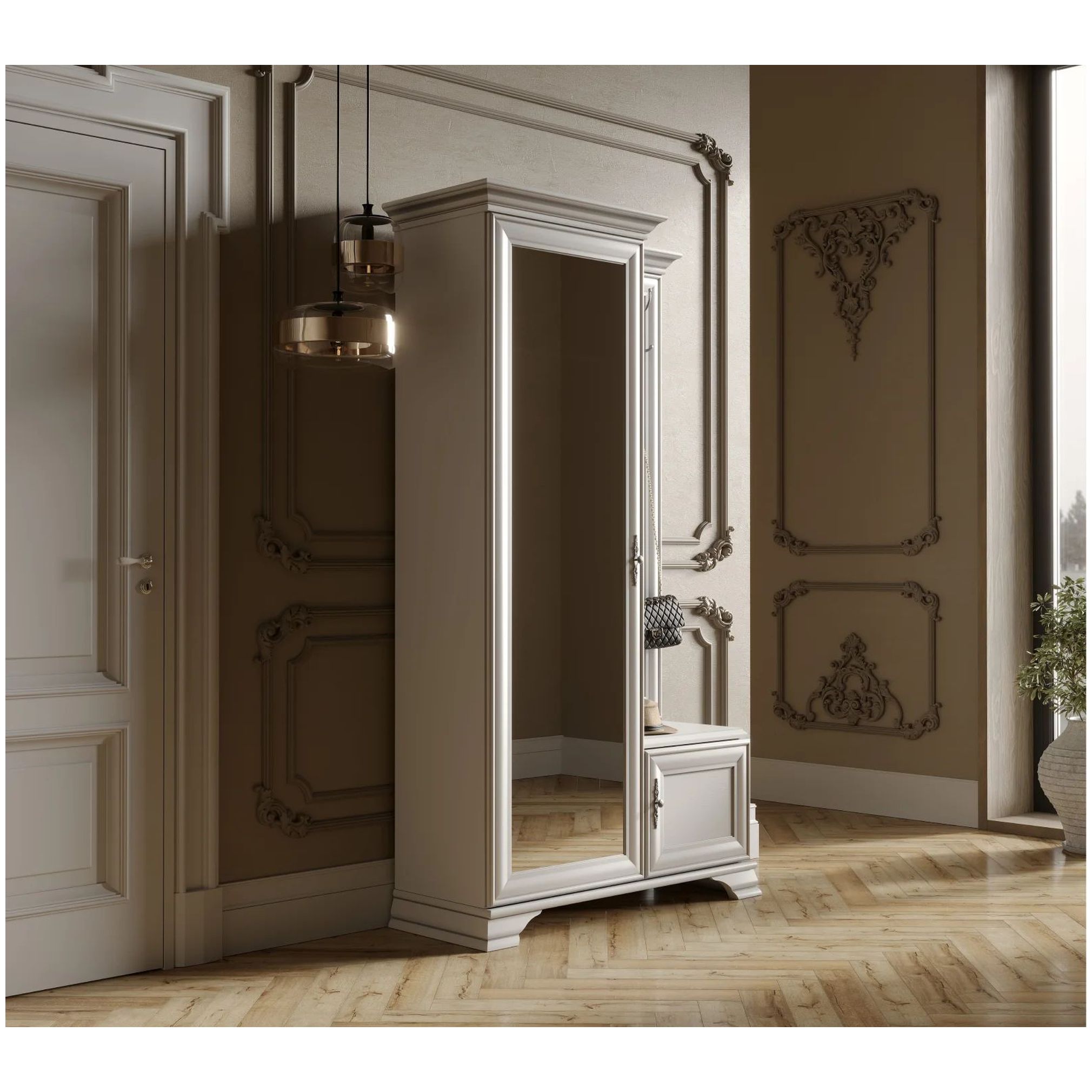 Картинка Кентаки шкаф с вешалкой и зеркалом PPK/110L (Белый) интернет-магазин мебели FreeTime