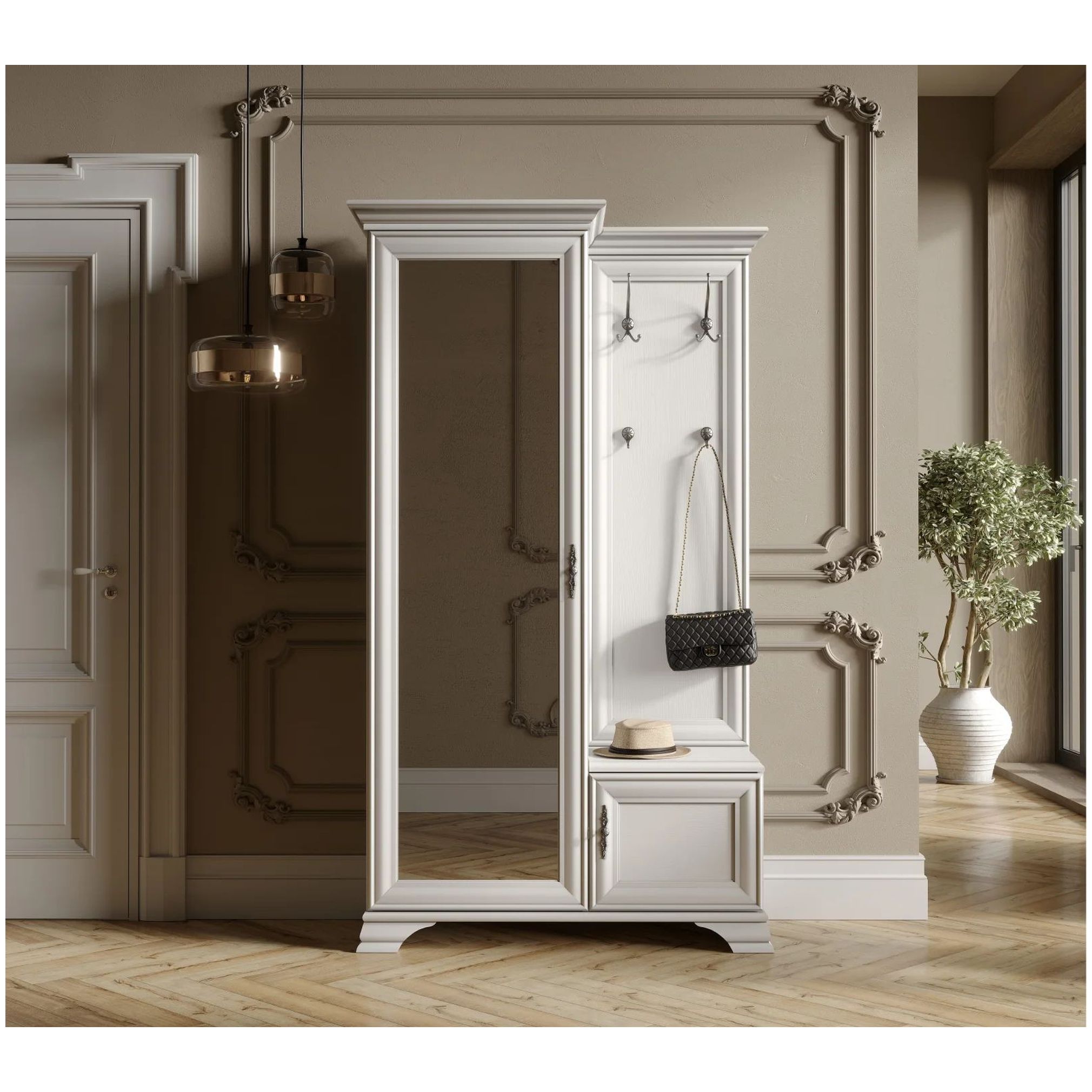 Картинка Кентаки шкаф с вешалкой и зеркалом PPK/110L (Белый) интернет-магазин мебели FreeTime