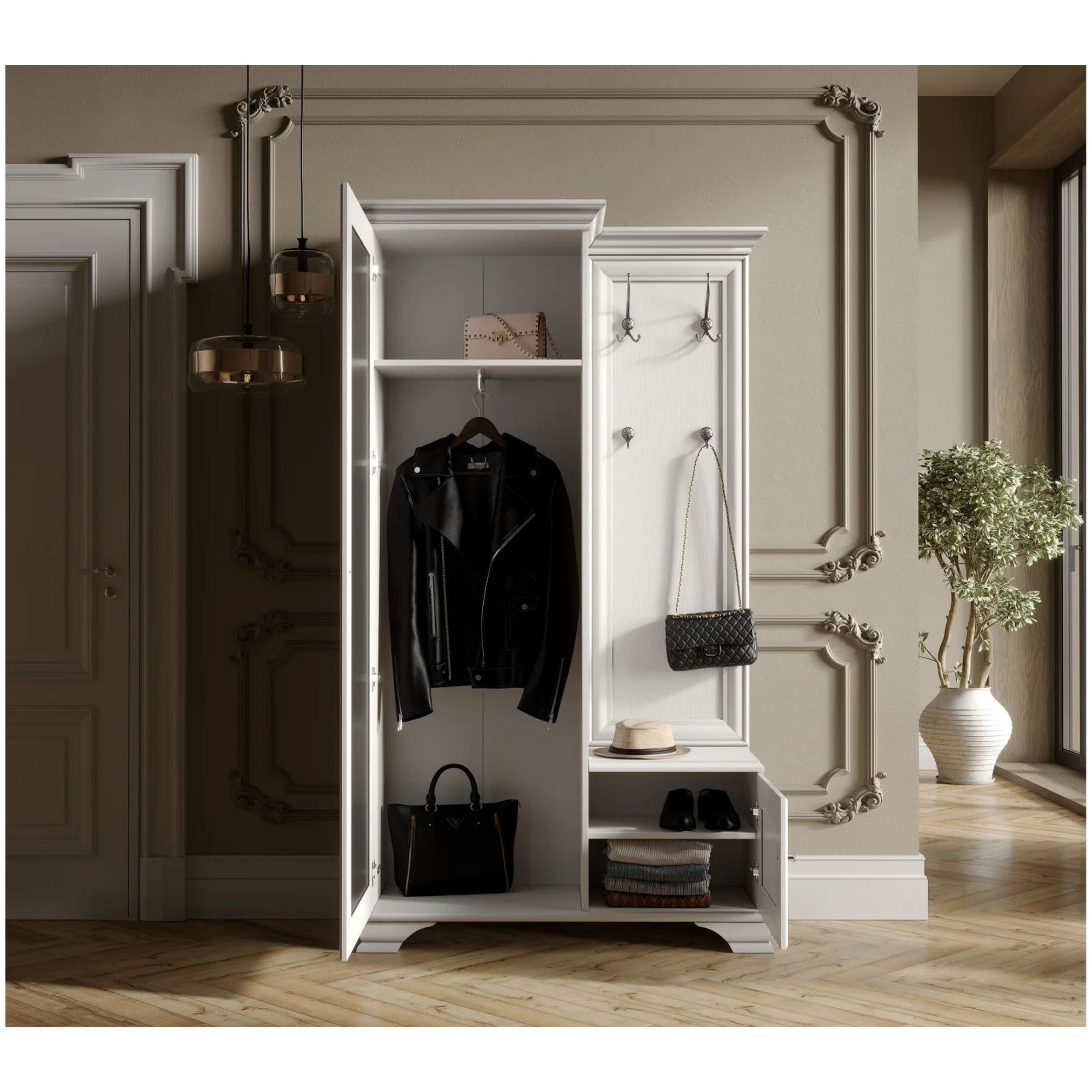 Картинка Кентаки шкаф с вешалкой и зеркалом PPK/110L (Белый) интернет-магазин мебели FreeTime