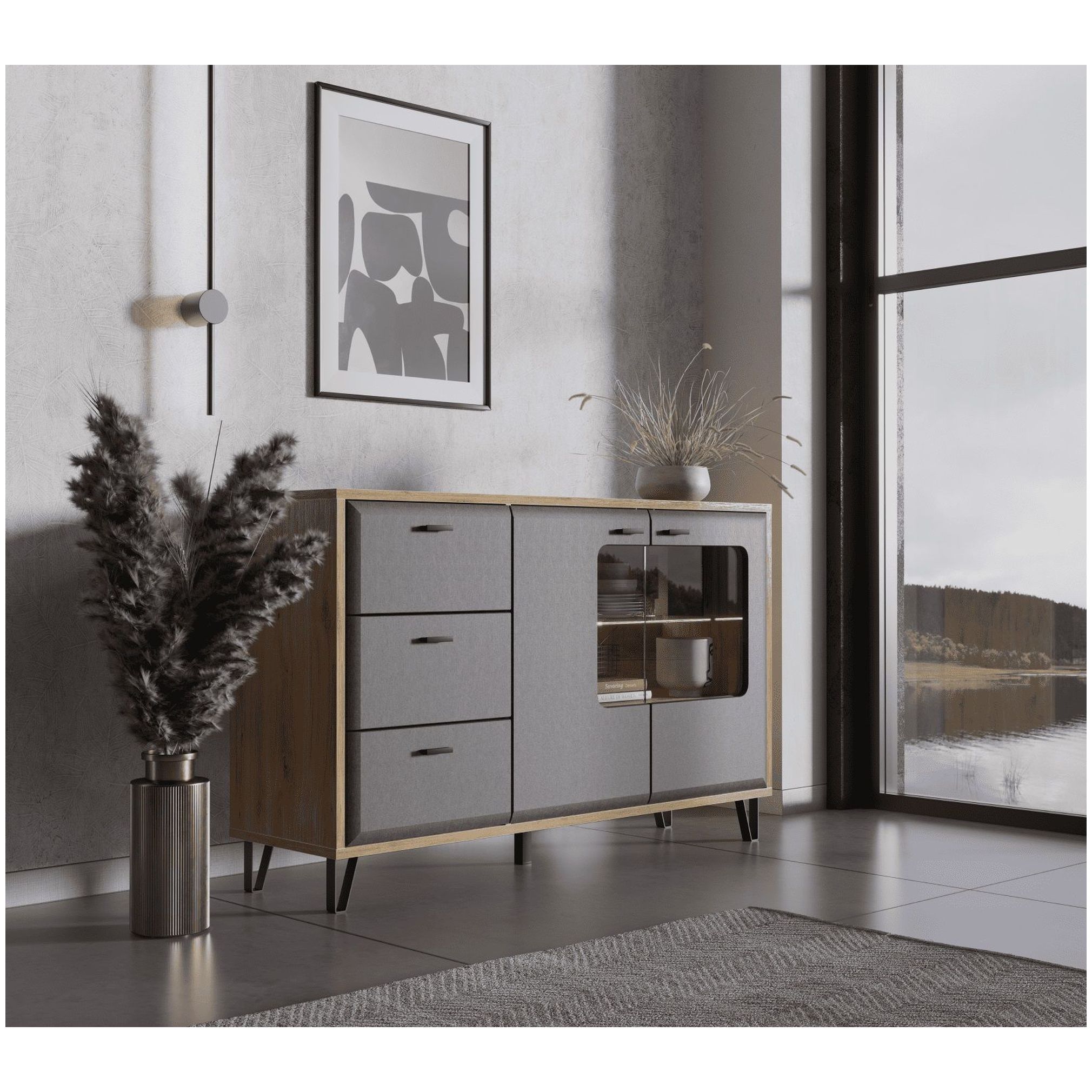 Картинка Грейс тумба с витриной KOM2W3S с подсветкой интернет-магазин мебели FreeTime