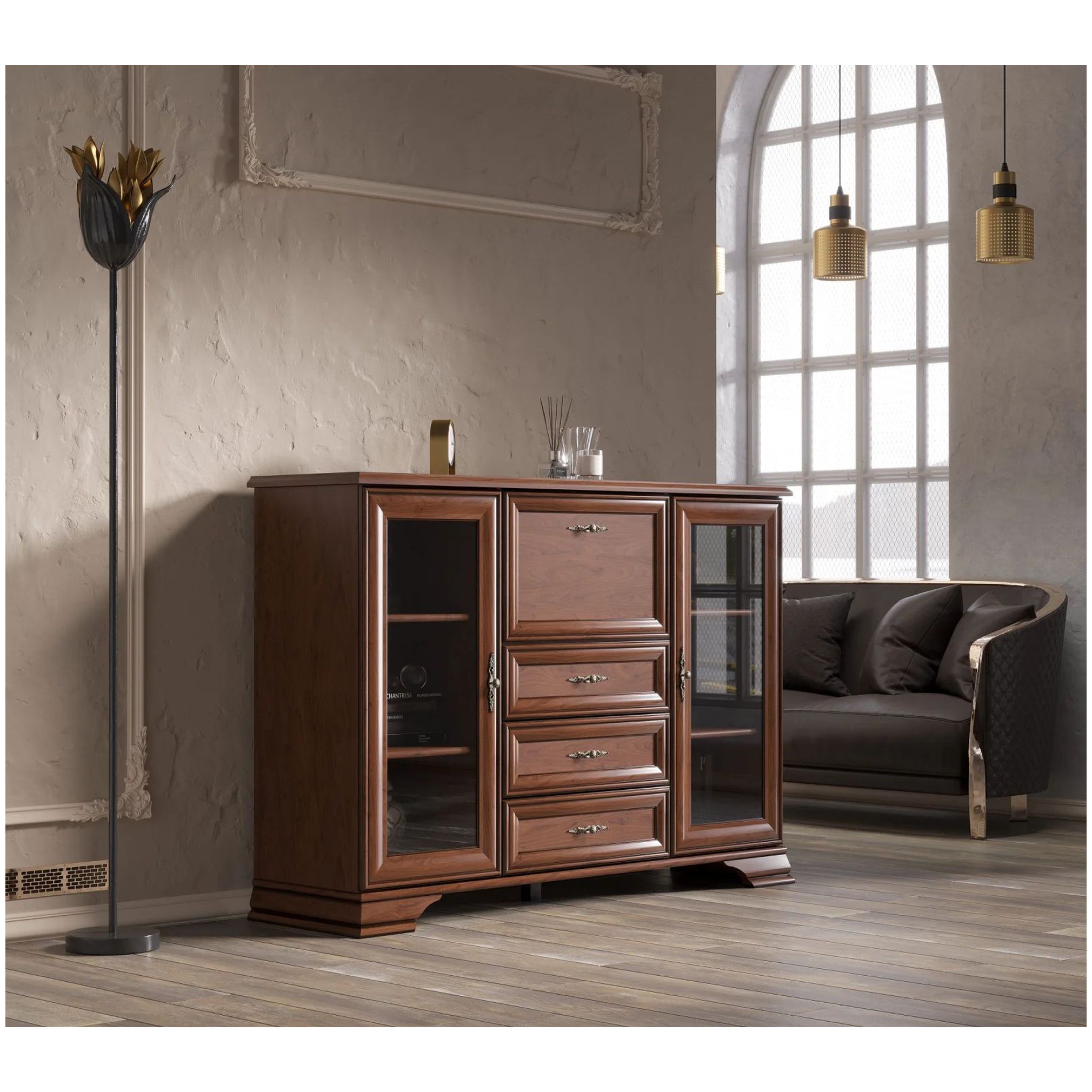 Картинка Кентаки тумба с витриной KOM2W3S1B (Каштан) интернет-магазин мебели FreeTime